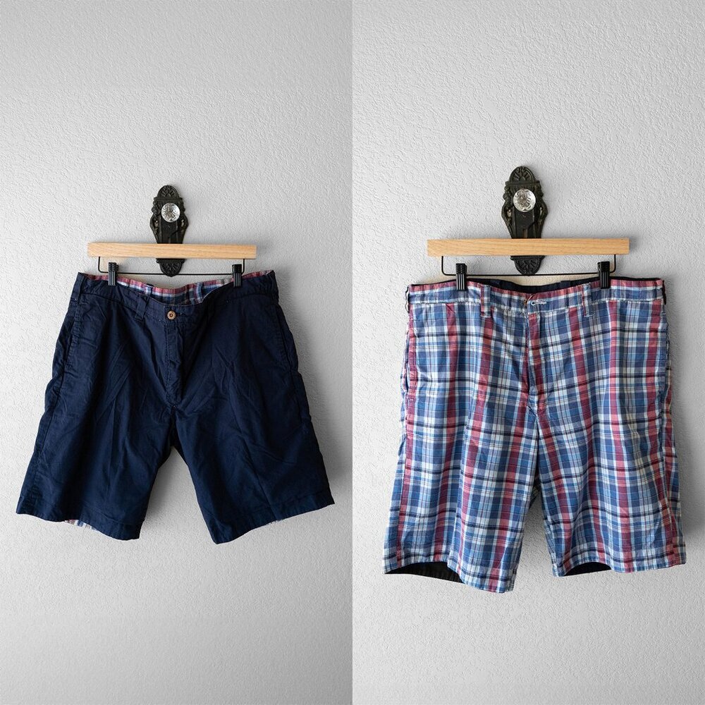 Olde School Reversible Shorts Sz 38 Navy & Plaid Indian Madras Cotton Patriotic